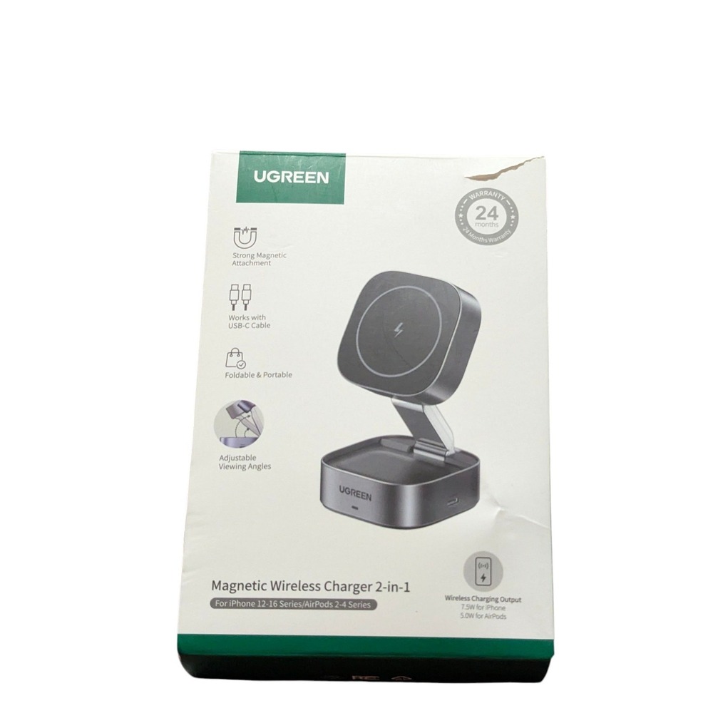 Oo2U UGREEN MagFlow 2-in-1 Magnetic Wireless Charger for iPhone & Airpods - Gray